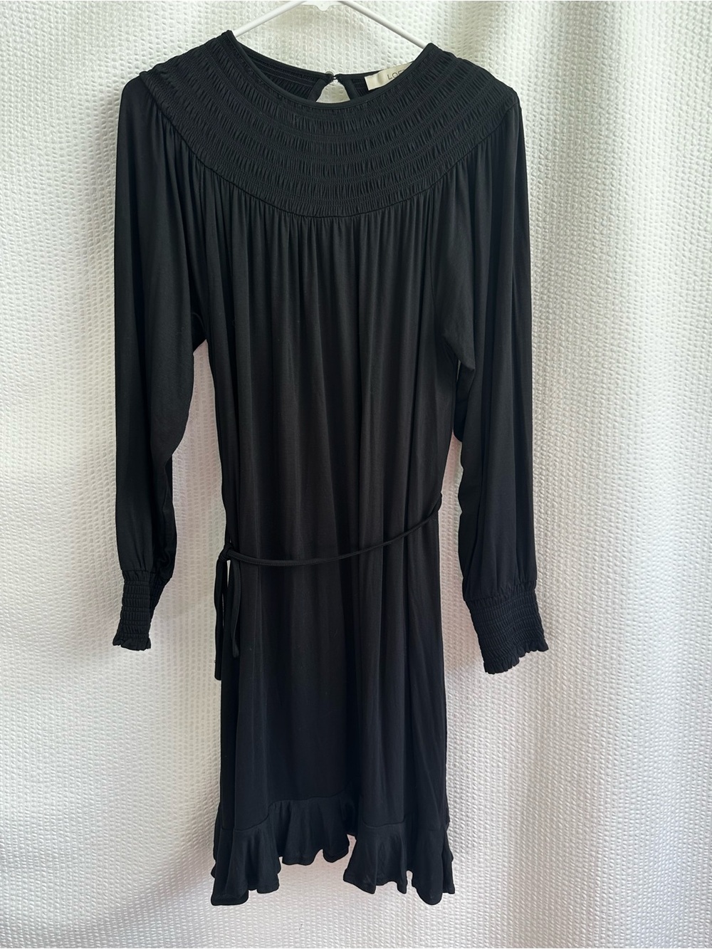 LOFT Black Long Sleeve Smocked Yoke Tie Waist Dress Women’s Medium Ruffle Hem